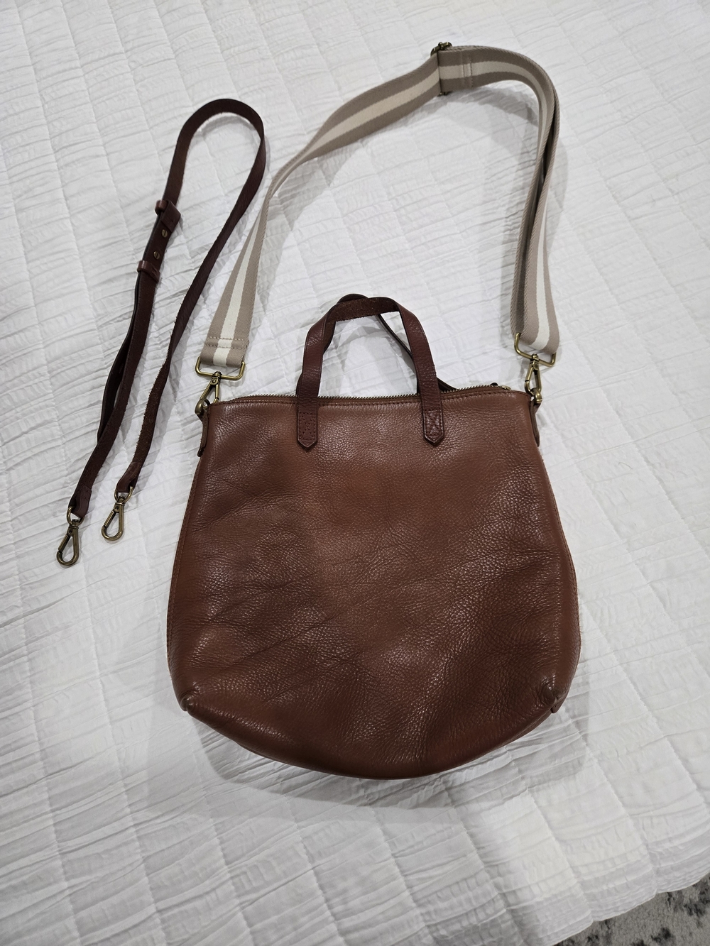 Madewell Brown Leather Crossbody Tote with Striped Canvas Strap